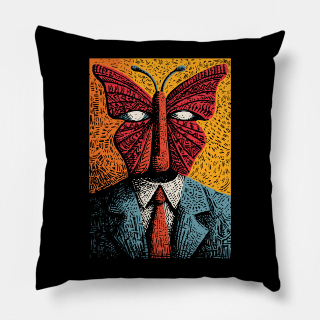 Creepy Butterfly-Headed Businessman Surreal Dark Art Pillow by TuncGK