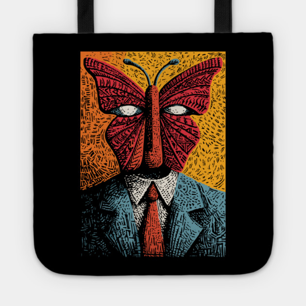 Creepy Butterfly-Headed Businessman Surreal Dark Art Tote by TuncGK