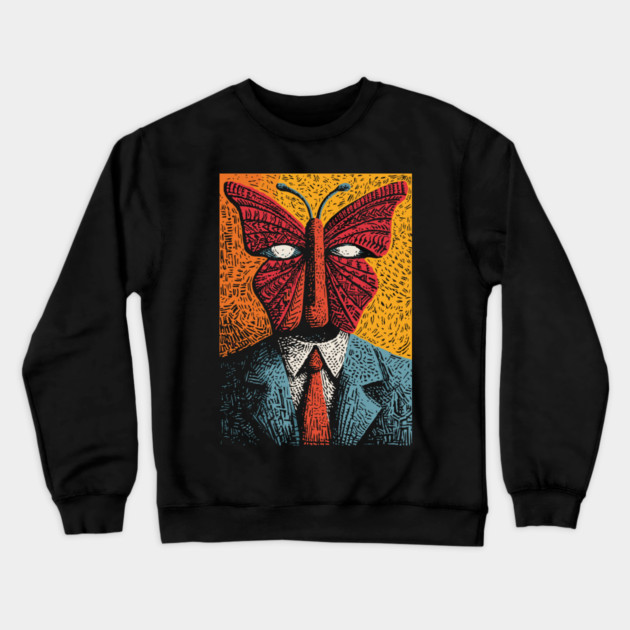 Creepy Butterfly-Headed Businessman Surreal Dark Art Crewneck Sweatshirt by TuncGK