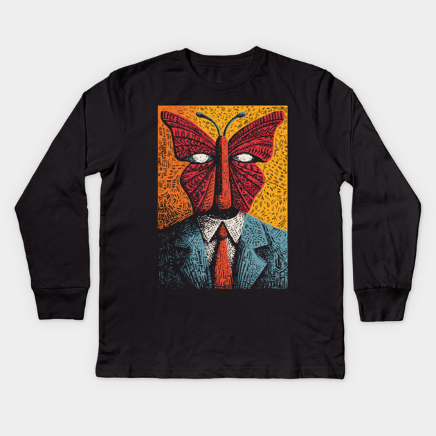Creepy Butterfly-Headed Businessman Surreal Dark Art Kids Long Sleeve T-Shirt by TuncGK