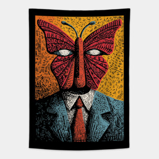 Creepy Butterfly-Headed Businessman Surreal Dark Art Tapestry