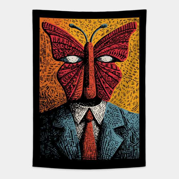 Creepy Butterfly-Headed Businessman Surreal Dark Art Tapestry by TuncGK