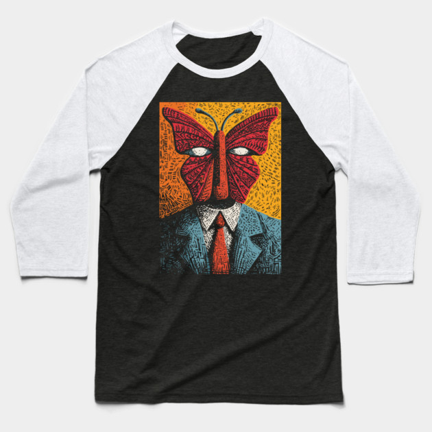 Creepy Butterfly-Headed Businessman Surreal Dark Art Baseball T-Shirt by TuncGK