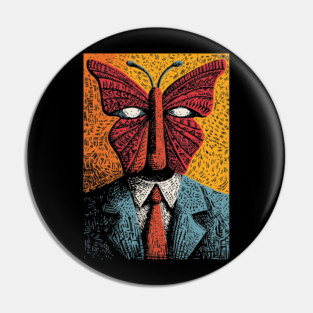Creepy Butterfly-Headed Businessman Surreal Dark Art Pin