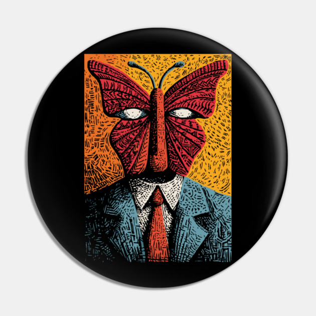 Creepy Butterfly-Headed Businessman Surreal Dark Art Pin by TuncGK