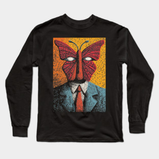 Creepy Butterfly-Headed Businessman Surreal Dark Art Long Sleeve T-Shirt