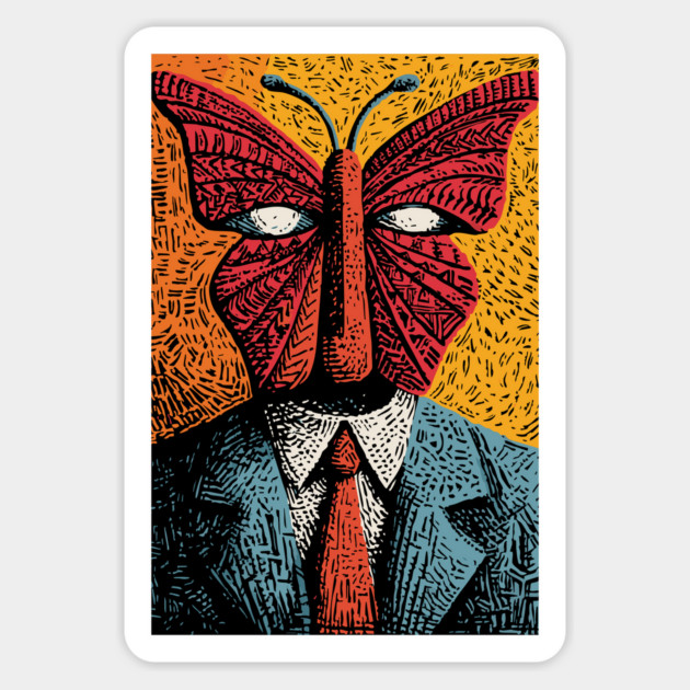 Creepy Butterfly-Headed Businessman Surreal Dark Art Magnet by TuncGK