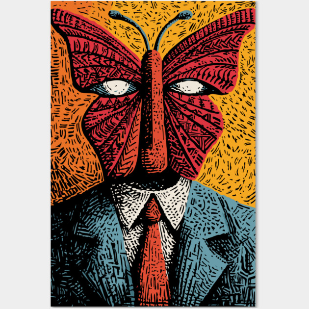 Creepy Butterfly-Headed Businessman Surreal Dark Art Wall Art by TuncGK