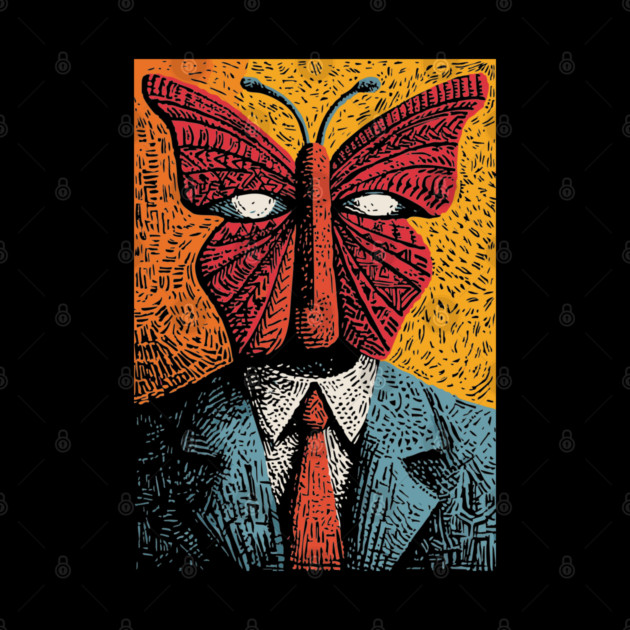 Creepy Butterfly-Headed Businessman Surreal Dark Art by TuncGK