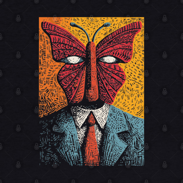 Creepy Butterfly-Headed Businessman Surreal Dark Art by TuncGK