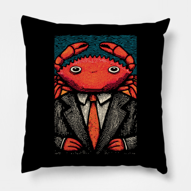 Quirky Crab-Headed Businessman in Suit Art Design Pillow by TuncGK