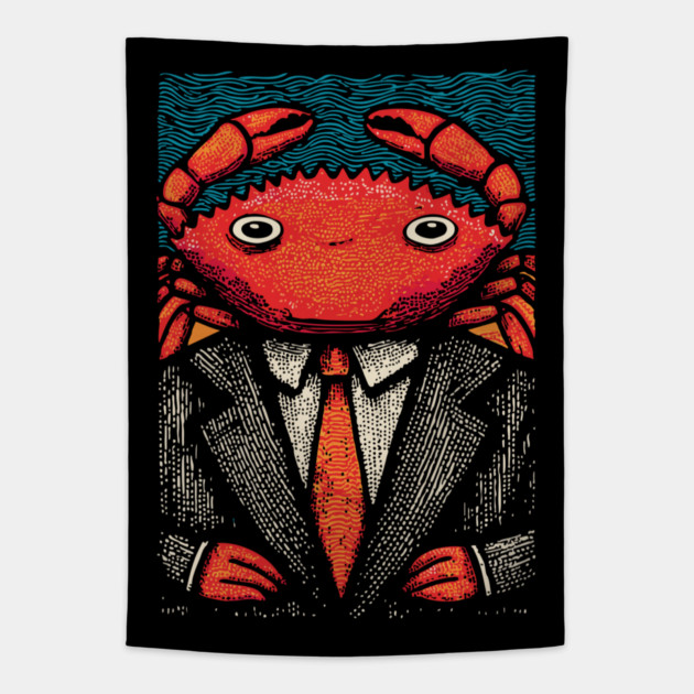 Quirky Crab-Headed Businessman in Suit Art Design Tapestry by TuncGK