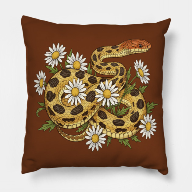 Fox Snake with Wild Daisies Illustration Pillow by BirdsnStuff