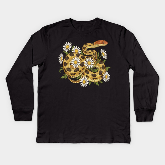 Fox Snake with Wild Daisies Illustration Kids Long Sleeve T-Shirt by BirdsnStuff