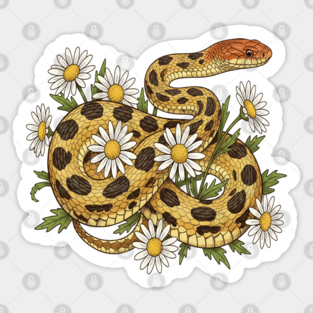 Fox Snake with Wild Daisies Illustration Sticker by BirdsnStuff