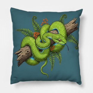Green Cat Snake with Fern Botanical Art Pillow