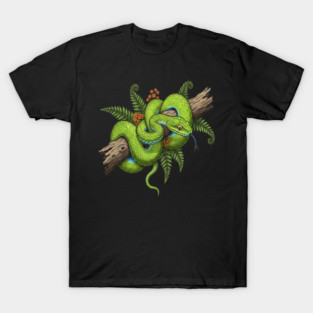 Green Cat Snake with Fern Botanical Art T-Shirt