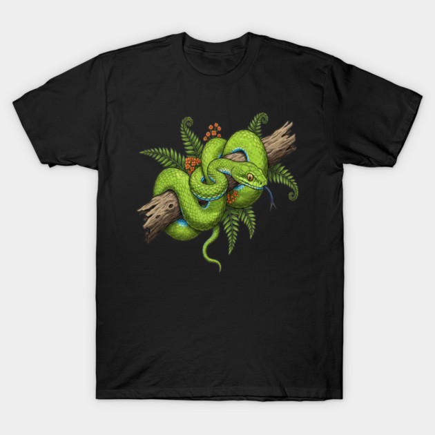 Green Cat Snake with Fern Botanical Art T-Shirt by BirdsnStuff