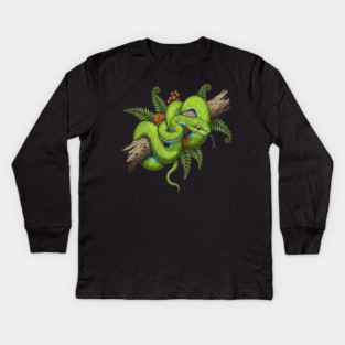Green Cat Snake with Fern Botanical Art Kids Long Sleeve T-Shirt