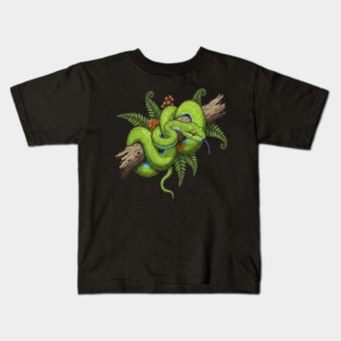 Green Cat Snake with Fern Botanical Art Kids T-Shirt