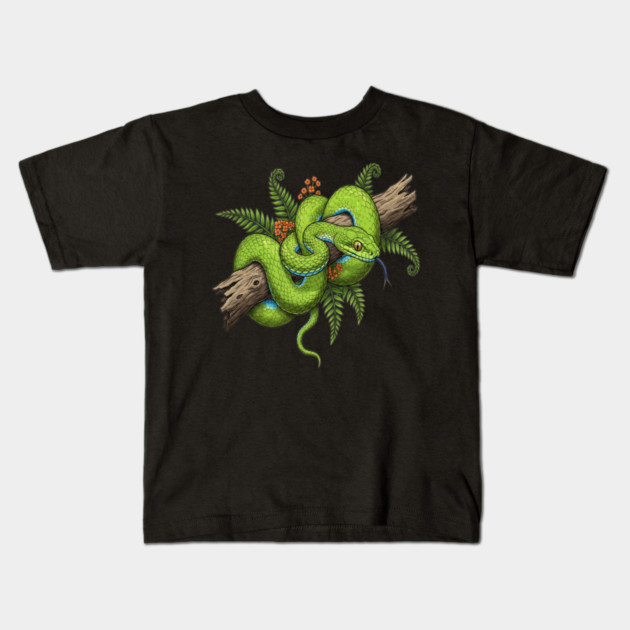 Green Cat Snake with Fern Botanical Art Kids T-Shirt by BirdsnStuff
