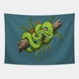 Green Cat Snake with Fern Botanical Art Tapestry
