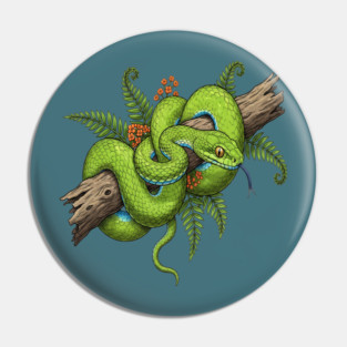 Green Cat Snake with Fern Botanical Art Pin