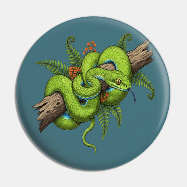 Green Cat Snake with Fern Botanical Art Pin by BirdsnStuff