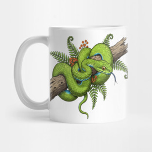 Green Cat Snake with Fern Botanical Art Mug