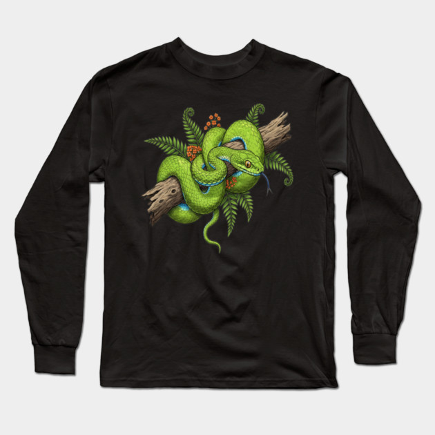 Green Cat Snake with Fern Botanical Art Long Sleeve T-Shirt by BirdsnStuff
