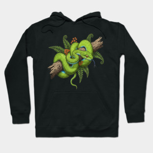 Green Cat Snake with Fern Botanical Art Hoodie