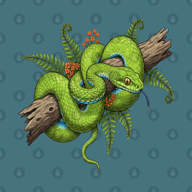 Green Cat Snake with Fern Botanical Art by BirdsnStuff