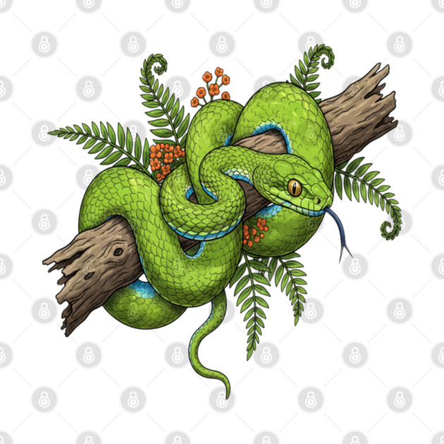 Green Cat Snake with Fern Botanical Art by BirdsnStuff