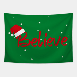 Believe Christmas Santa Hat Snowy Holiday Lettering Tapestry