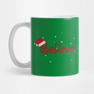 Believe Christmas Santa Hat Snowy Holiday Lettering Mug