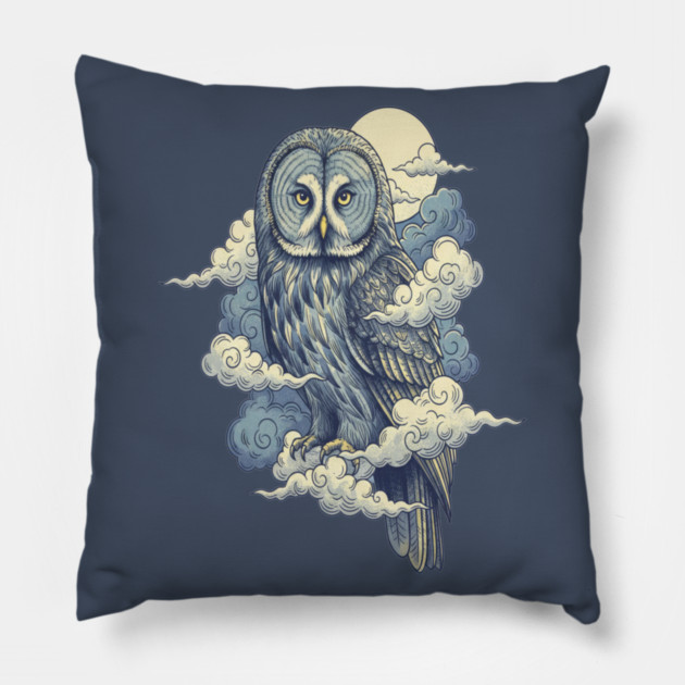 Great Gray Owl with Moonlit Clouds Pillow by BirdsnStuff