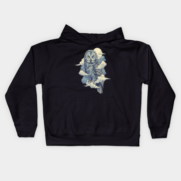 Great Gray Owl with Moonlit Clouds Kids Hoodie by BirdsnStuff