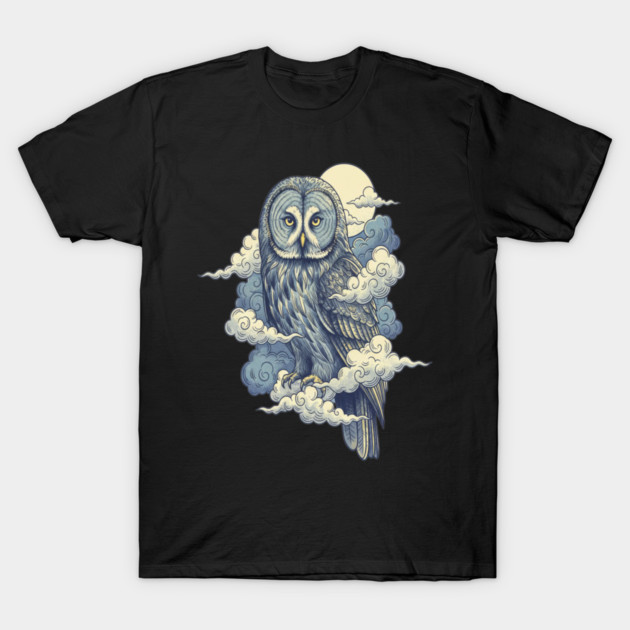 Great Gray Owl with Moonlit Clouds T-Shirt by BirdsnStuff