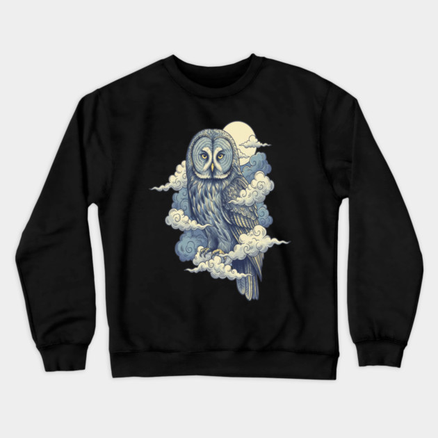 Great Gray Owl with Moonlit Clouds Crewneck Sweatshirt by BirdsnStuff