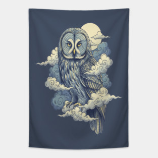 Great Gray Owl with Moonlit Clouds Tapestry