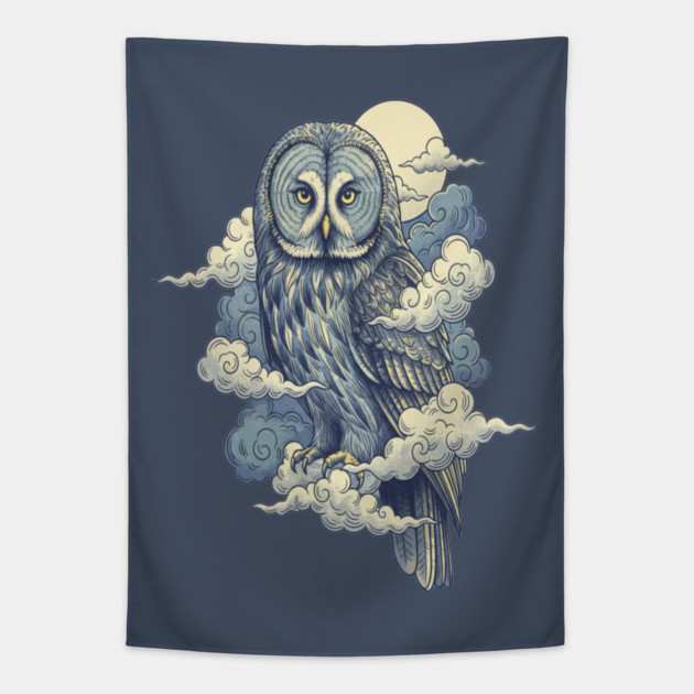 Great Gray Owl with Moonlit Clouds Tapestry by BirdsnStuff