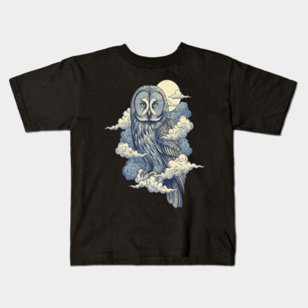 Great Gray Owl with Moonlit Clouds Kids T-Shirt by BirdsnStuff