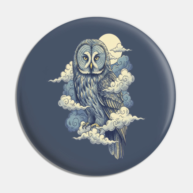 Great Gray Owl with Moonlit Clouds Pin by BirdsnStuff