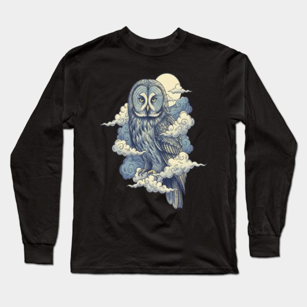 Great Gray Owl with Moonlit Clouds Long Sleeve T-Shirt by BirdsnStuff
