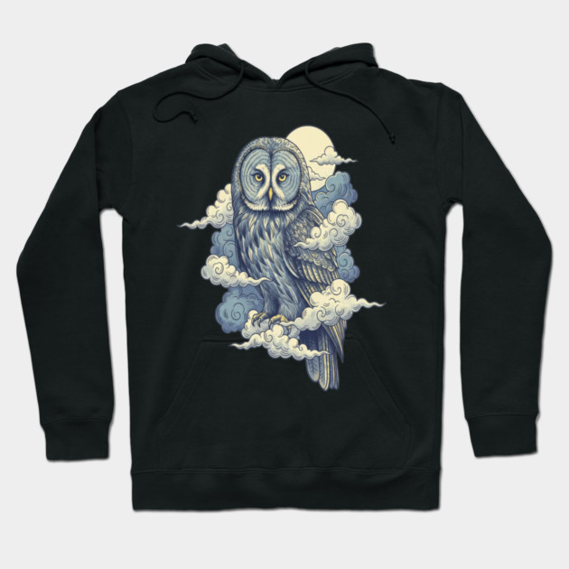 Great Gray Owl with Moonlit Clouds Hoodie by BirdsnStuff