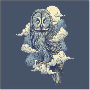 Great Gray Owl with Moonlit Clouds Posters and Art
