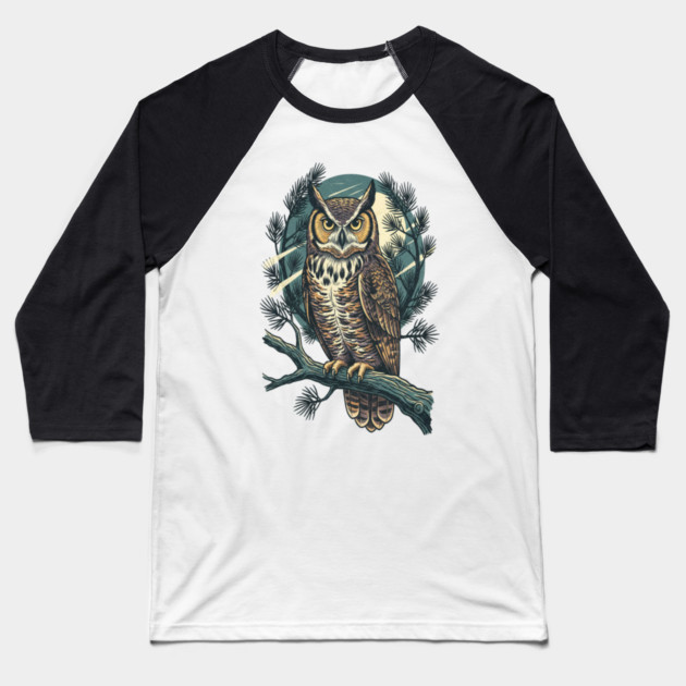 Great Horned Owl with Twilight Pines Baseball T-Shirt by BirdsnStuff
