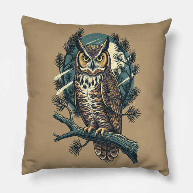 Great Horned Owl with Twilight Pines Pillow by BirdsnStuff