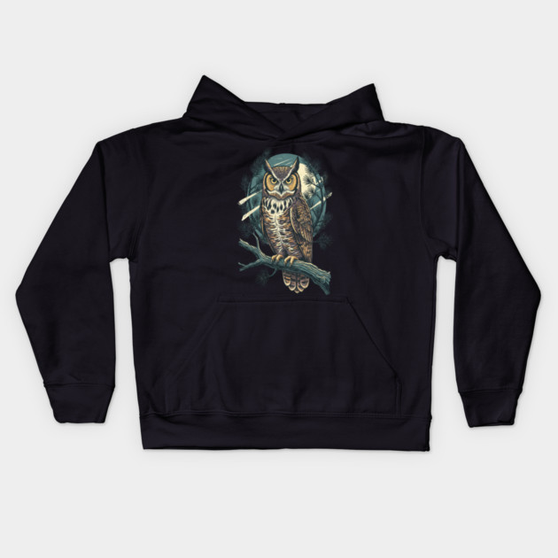 Great Horned Owl with Twilight Pines Kids Hoodie by BirdsnStuff