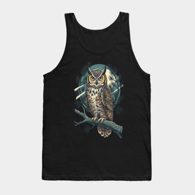 Great Horned Owl with Twilight Pines Tank Top by BirdsnStuff